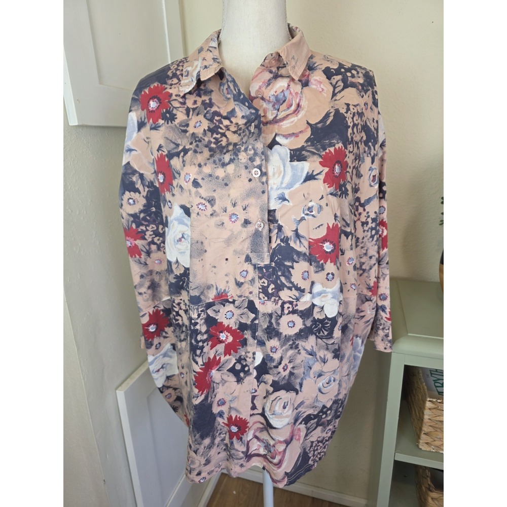 Wendy Trendy Blouse Womens O/S Balloon Top Pink Floral Italy 1/4 Button Cotton